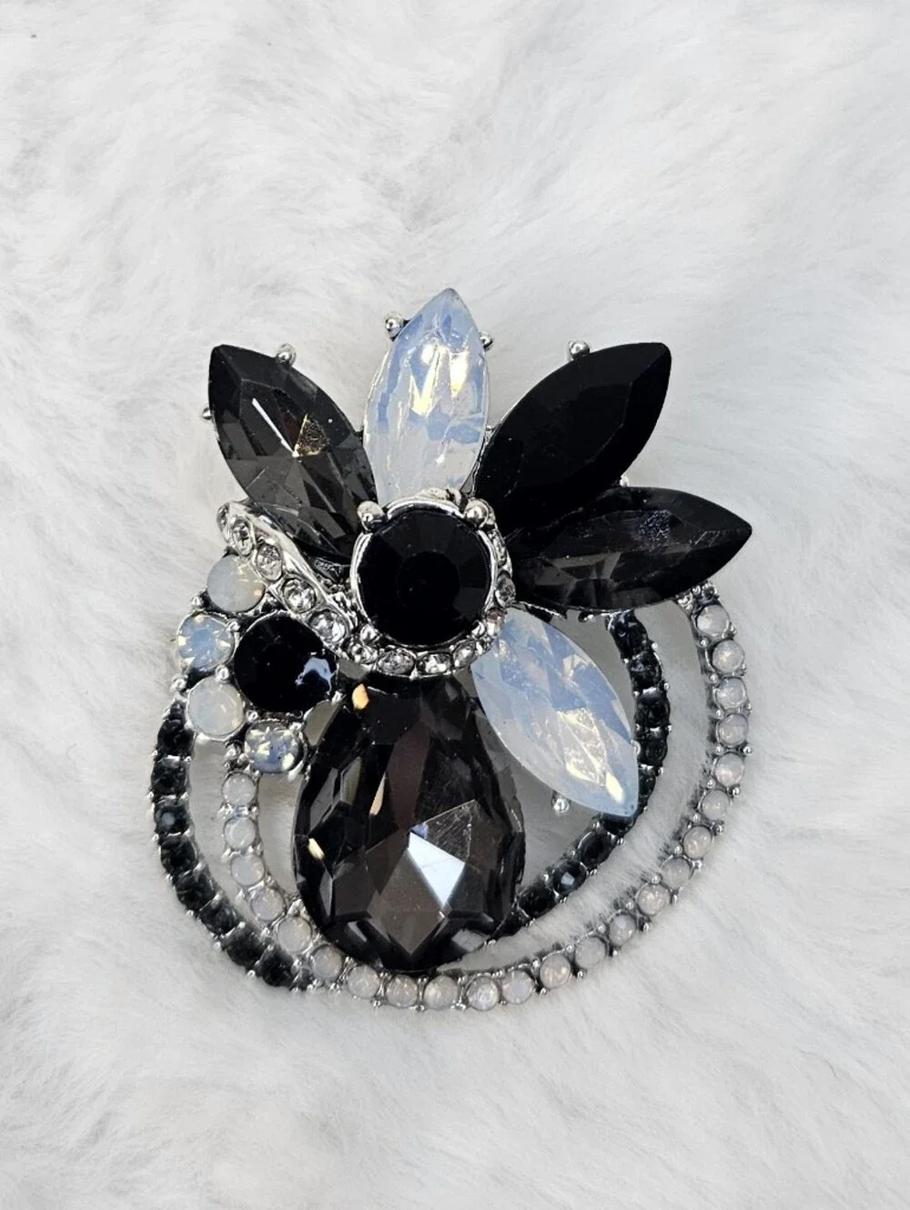 Black and Opal Crystal Floral Brooch Pendant